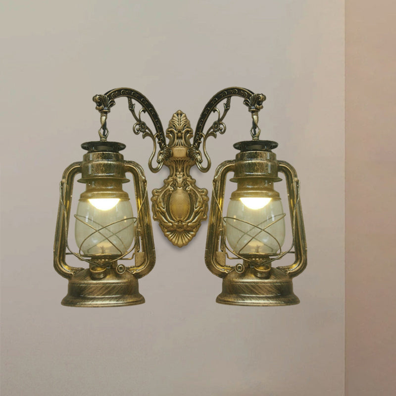 Industrial Lantern Wall Sconce Light Fixture - 2 Bulb Clear Glass Design In A Black/Bronze/Copper