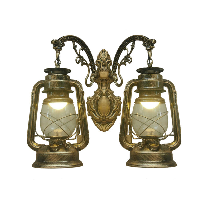 Industrial Lantern Wall Sconce Light Fixture - 2 Bulb Clear Glass Design In A Black/Bronze/Copper