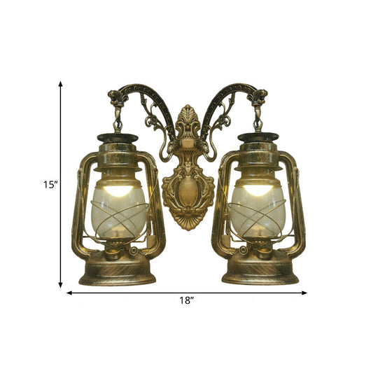 Industrial Lantern Wall Sconce Light Fixture - 2 Bulb Clear Glass Design In A Black/Bronze/Copper