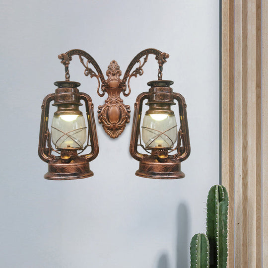 Industrial Lantern Wall Sconce Light Fixture - 2 Bulb Clear Glass Design In A Black/Bronze/Copper