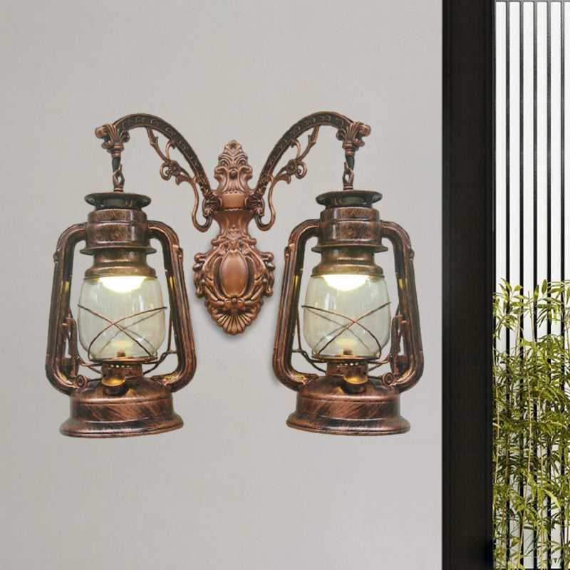 Industrial Lantern Wall Sconce Light Fixture - 2 Bulb Clear Glass Design In A Black/Bronze/Copper