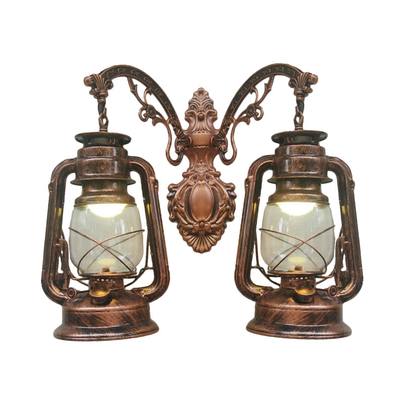 Industrial Lantern Wall Sconce Light Fixture - 2 Bulb Clear Glass Design In A Black/Bronze/Copper