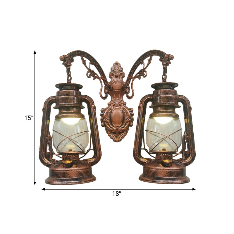 Industrial Lantern Wall Sconce Light Fixture - 2 Bulb Clear Glass Design In A Black/Bronze/Copper