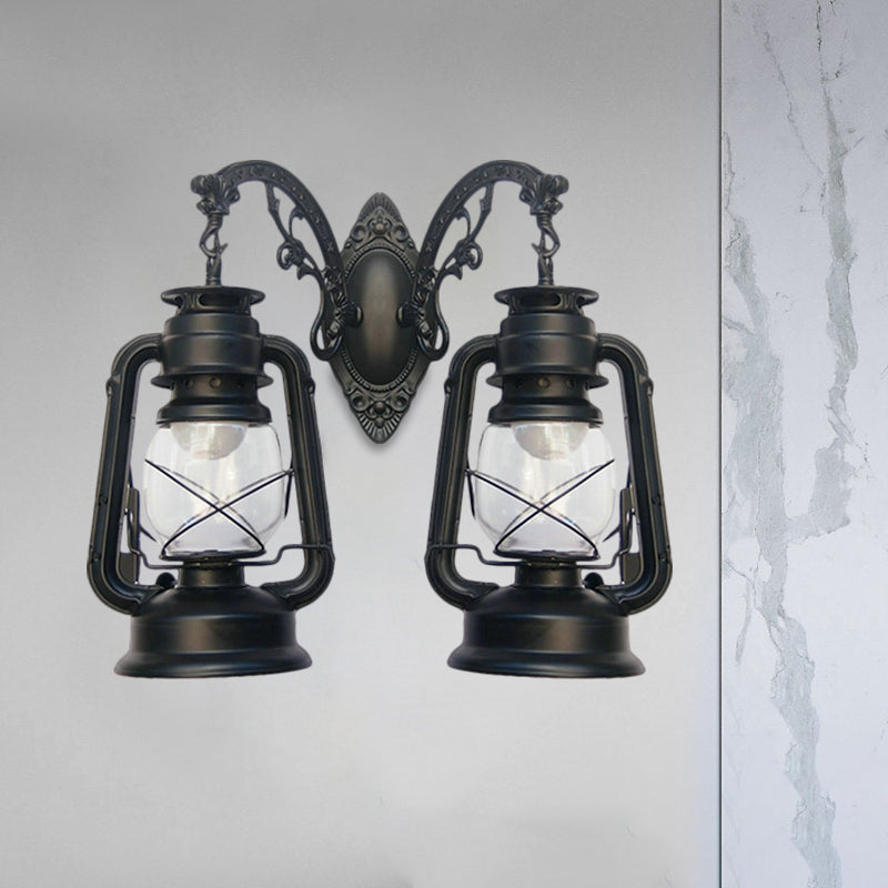 Industrial Lantern Wall Sconce Light Fixture - 2 Bulb Clear Glass Design In A Black/Bronze/Copper