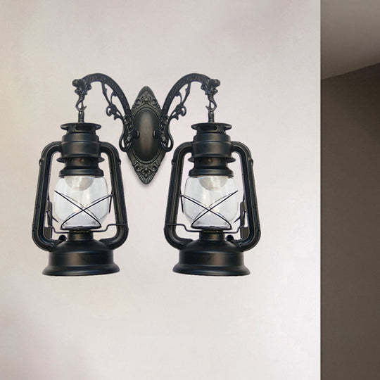 Industrial Lantern Wall Sconce Light Fixture - 2 Bulb Clear Glass Design In A Black/Bronze/Copper