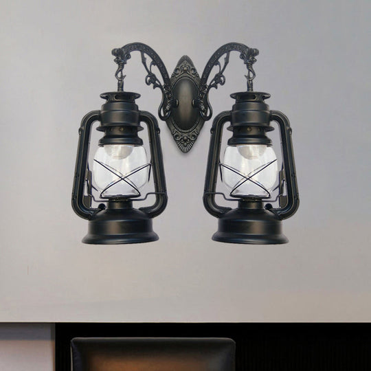 Industrial Lantern Wall Sconce Light Fixture - 2 Bulb Clear Glass Design In A Black/Bronze/Copper