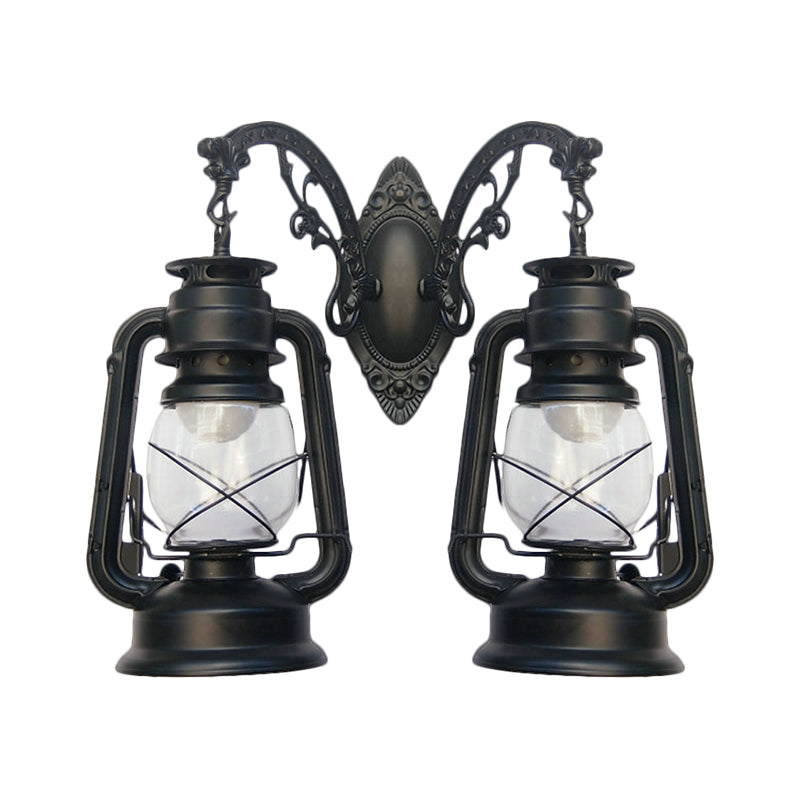 Industrial Lantern Wall Sconce Light Fixture - 2 Bulb Clear Glass Design In A Black/Bronze/Copper