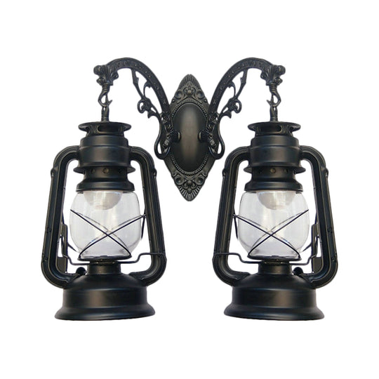 Industrial Lantern Wall Sconce Light Fixture - 2 Bulb Clear Glass Design In A Black/Bronze/Copper