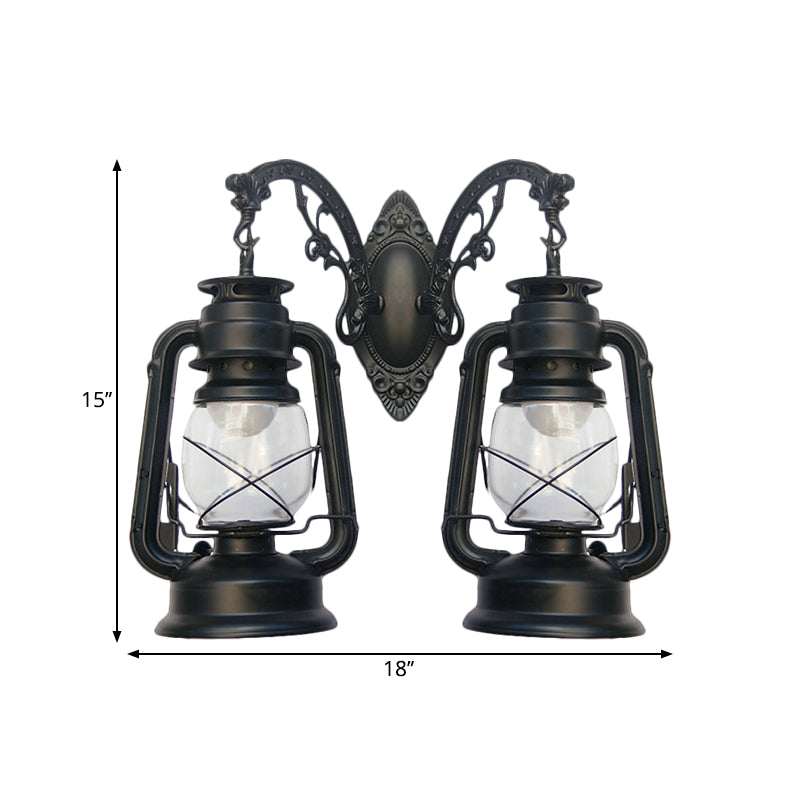 Industrial Lantern Wall Sconce Light Fixture - 2 Bulb Clear Glass Design In A Black/Bronze/Copper