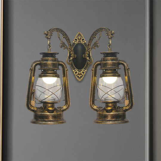 Industrial Lantern Wall Sconce Light Fixture - 2 Bulb Clear Glass Design In A Black/Bronze/Copper