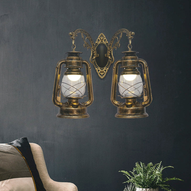 Industrial Lantern Wall Sconce Light Fixture - 2 Bulb Clear Glass Design In A Black/Bronze/Copper