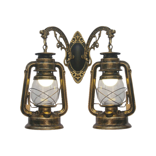 Industrial Lantern Wall Sconce Light Fixture - 2 Bulb Clear Glass Design In A Black/Bronze/Copper