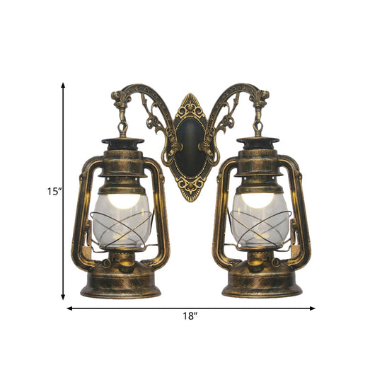 Industrial Lantern Wall Sconce Light Fixture - 2 Bulb Clear Glass Design In A Black/Bronze/Copper