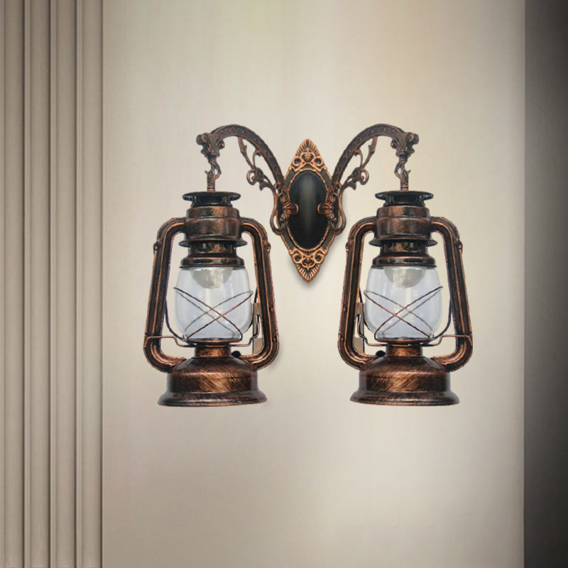 Industrial Lantern Wall Sconce Light Fixture - 2 Bulb Clear Glass Design In A Black/Bronze/Copper