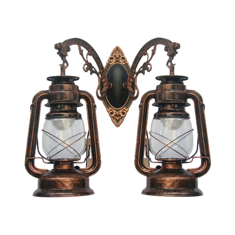 Industrial Lantern Wall Sconce Light Fixture - 2 Bulb Clear Glass Design In A Black/Bronze/Copper