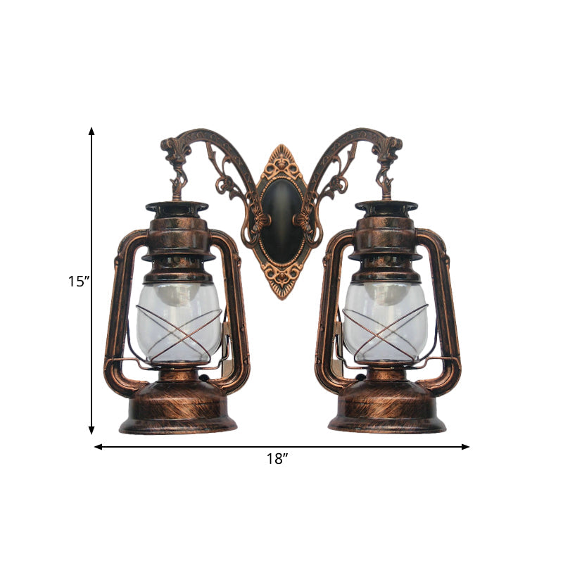 Industrial Lantern Wall Sconce Light Fixture - 2 Bulb Clear Glass Design In A Black/Bronze/Copper