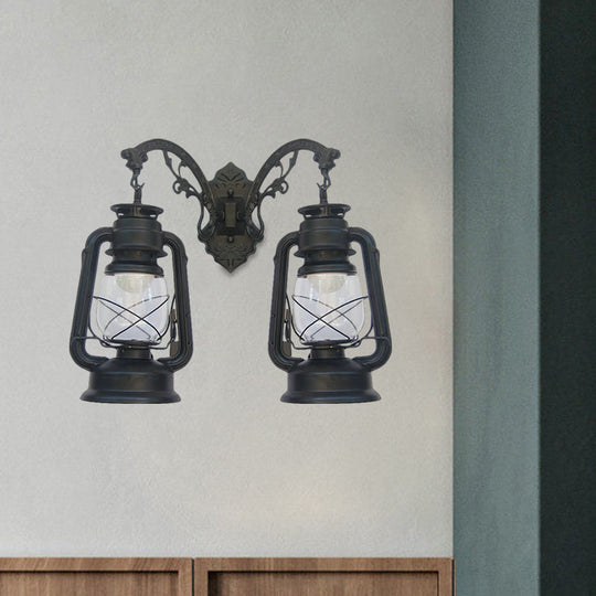 Industrial Lantern Wall Sconce Light Fixture - 2 Bulb Clear Glass Design In A Black/Bronze/Copper