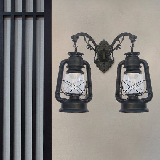 Industrial Lantern Wall Sconce Light Fixture - 2 Bulb Clear Glass Design In A Black/Bronze/Copper