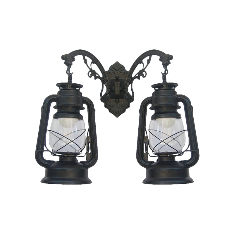 Industrial Lantern Wall Sconce Light Fixture - 2 Bulb Clear Glass Design In A Black/Bronze/Copper