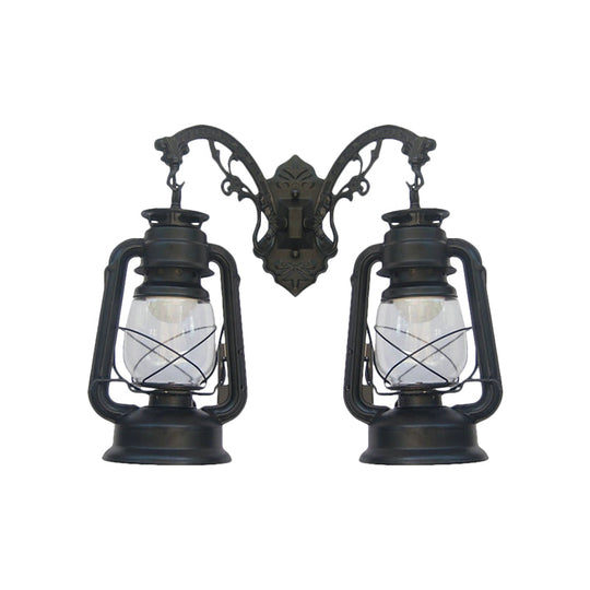 Industrial Lantern Wall Sconce Light Fixture - 2 Bulb Clear Glass Design In A Black/Bronze/Copper