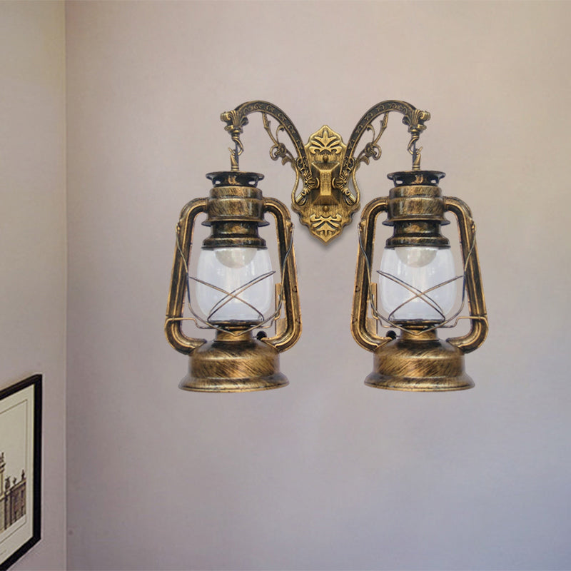 Industrial Lantern Wall Sconce Light Fixture - 2 Bulb Clear Glass Design In A Black/Bronze/Copper