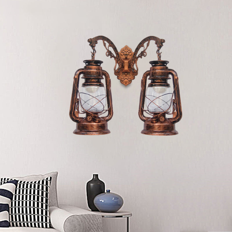 Industrial Lantern Wall Sconce Light Fixture - 2 Bulb Clear Glass Design In A Black/Bronze/Copper