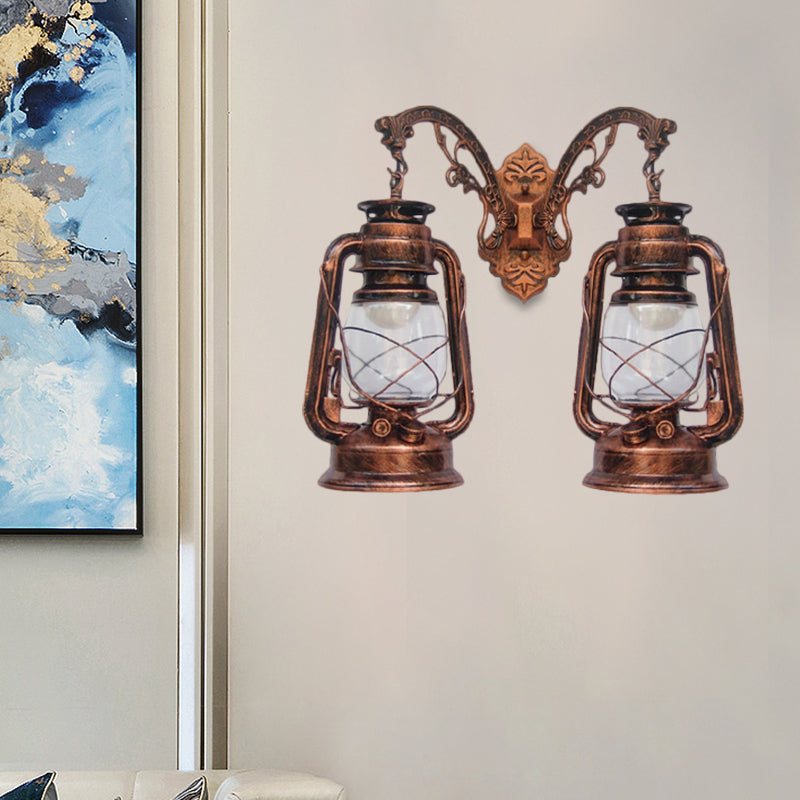 Industrial Lantern Wall Sconce Light Fixture - 2 Bulb Clear Glass Design In A Black/Bronze/Copper