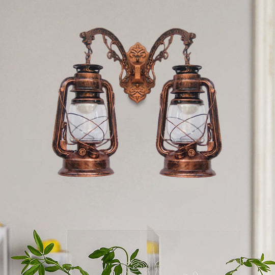 Industrial Lantern Wall Sconce Light Fixture - 2 Bulb Clear Glass Design In A Black/Bronze/Copper