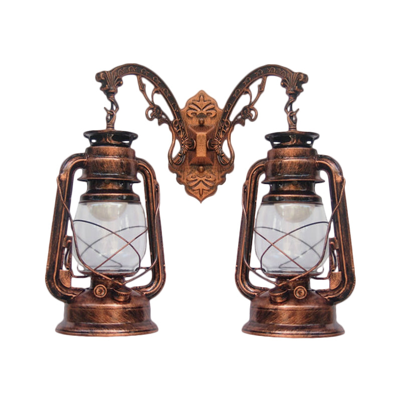 Industrial Lantern Wall Sconce Light Fixture - 2 Bulb Clear Glass Design In A Black/Bronze/Copper