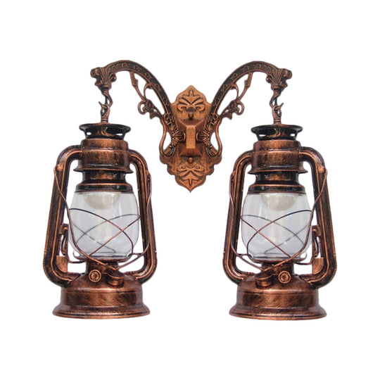 Industrial Lantern Wall Sconce Light Fixture - 2 Bulb Clear Glass Design In A Black/Bronze/Copper