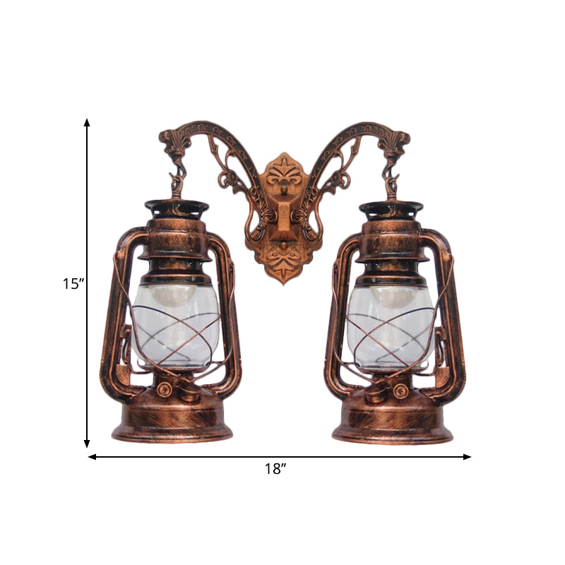 Industrial Lantern Wall Sconce Light Fixture - 2 Bulb Clear Glass Design In A Black/Bronze/Copper