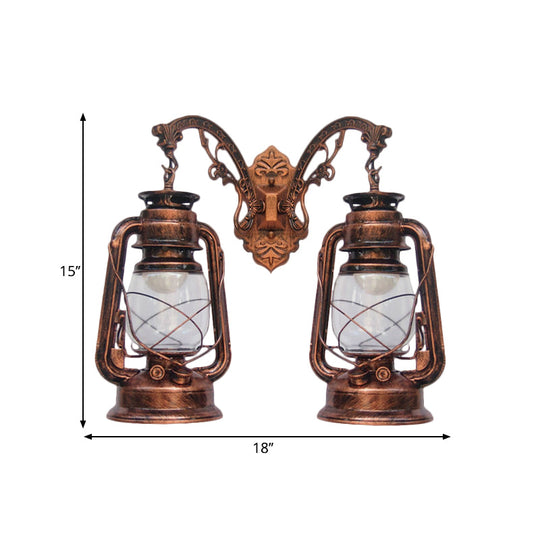 Industrial Lantern Wall Sconce Light Fixture - 2 Bulb Clear Glass Design In A Black/Bronze/Copper