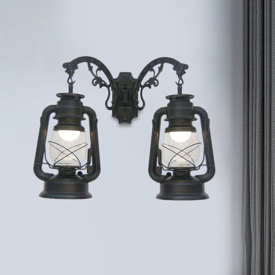 Industrial Lantern Wall Sconce Light Fixture - 2 Bulb Clear Glass Design In A Black/Bronze/Copper