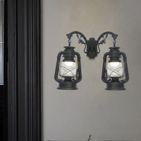 Industrial Lantern Wall Sconce Light Fixture - 2 Bulb Clear Glass Design In A Black/Bronze/Copper