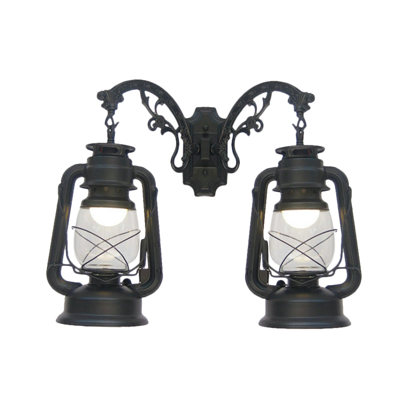 Industrial Lantern Wall Sconce Light Fixture - 2 Bulb Clear Glass Design In A Black/Bronze/Copper