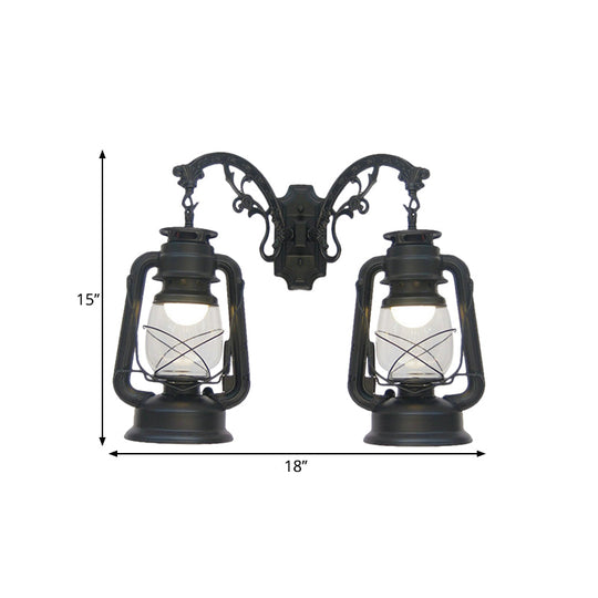 Industrial Lantern Wall Sconce Light Fixture - 2 Bulb Clear Glass Design In A Black/Bronze/Copper