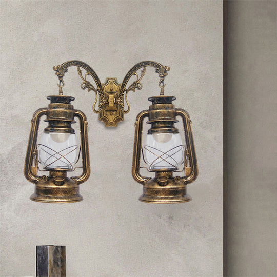 Industrial Lantern Wall Sconce Light Fixture - 2 Bulb Clear Glass Design In A Black/Bronze/Copper