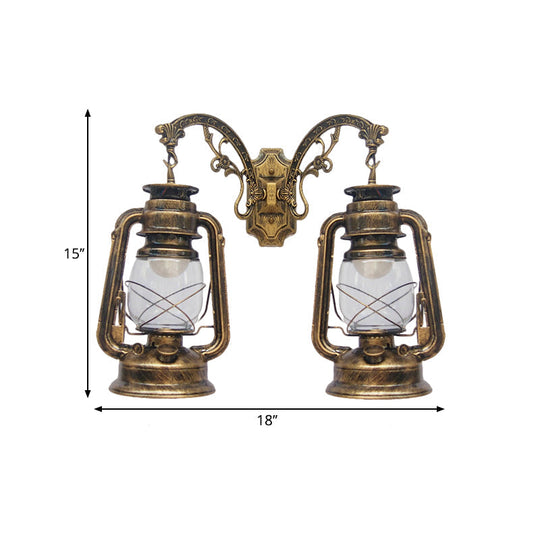 Industrial Lantern Wall Sconce Light Fixture - 2 Bulb Clear Glass Design In A Black/Bronze/Copper