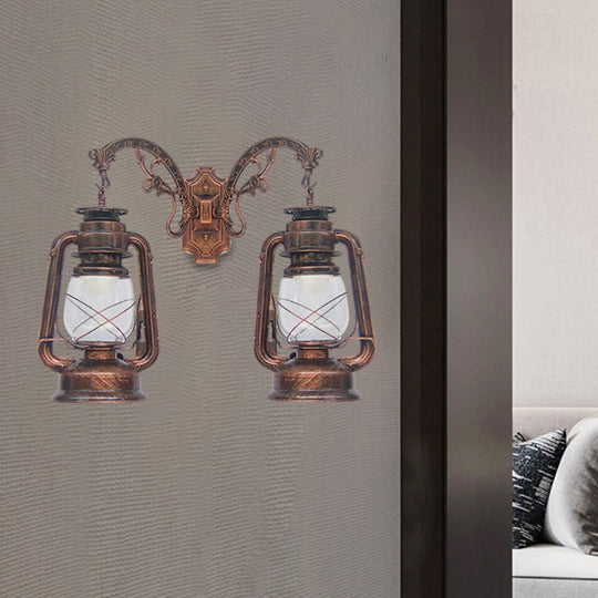 Industrial Lantern Wall Sconce Light Fixture - 2 Bulb Clear Glass Design In A Black/Bronze/Copper