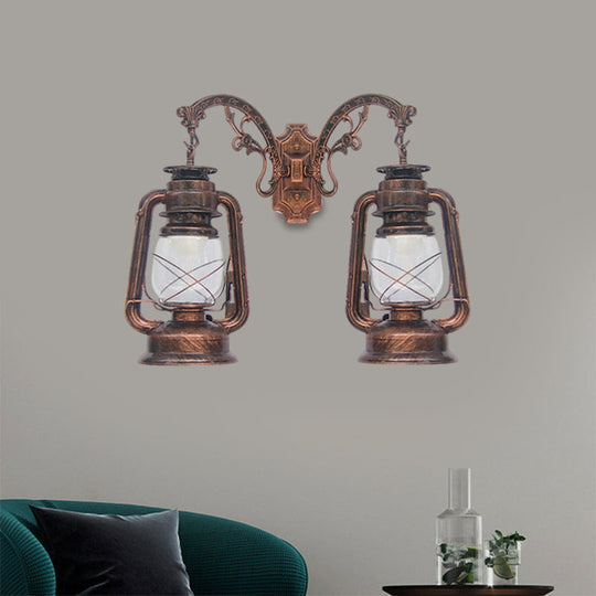 Industrial Lantern Wall Sconce Light Fixture - 2 Bulb Clear Glass Design In A Black/Bronze/Copper