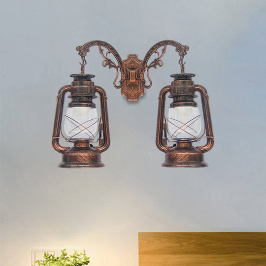 Industrial Lantern Wall Sconce Light Fixture - 2 Bulb Clear Glass Design In A Black/Bronze/Copper