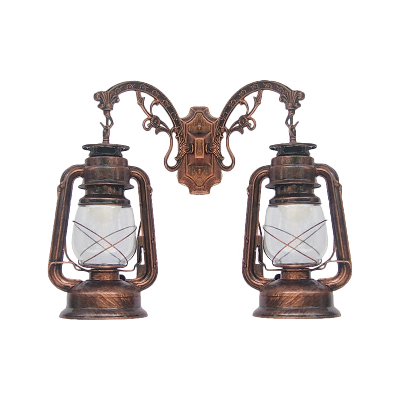 Industrial Lantern Wall Sconce Light Fixture - 2 Bulb Clear Glass Design In A Black/Bronze/Copper