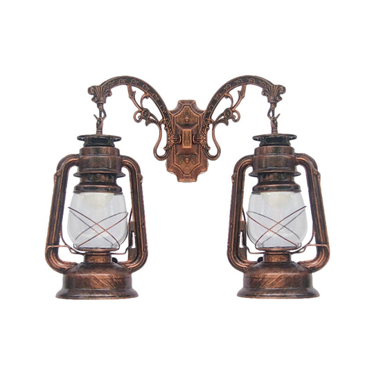 Industrial Lantern Wall Sconce Light Fixture - 2 Bulb Clear Glass Design In A Black/Bronze/Copper