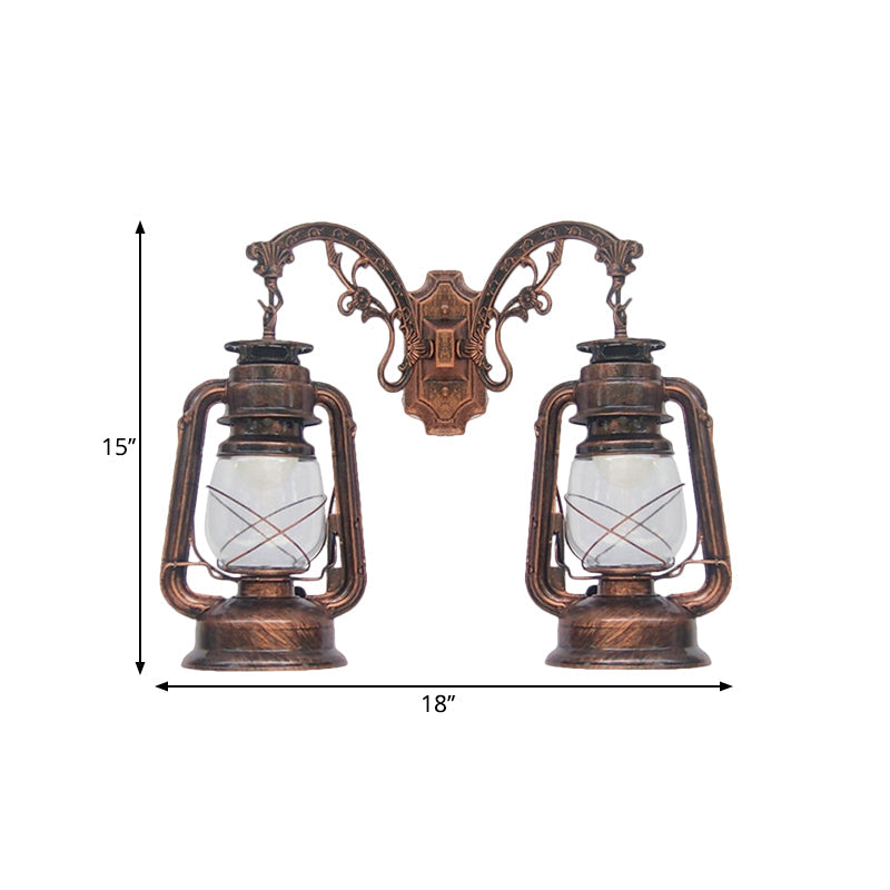 Industrial Lantern Wall Sconce Light Fixture - 2 Bulb Clear Glass Design In A Black/Bronze/Copper