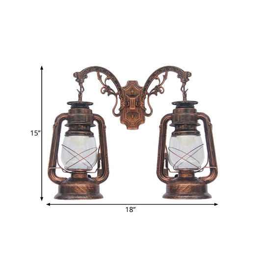 Industrial Lantern Wall Sconce Light Fixture - 2 Bulb Clear Glass Design In A Black/Bronze/Copper