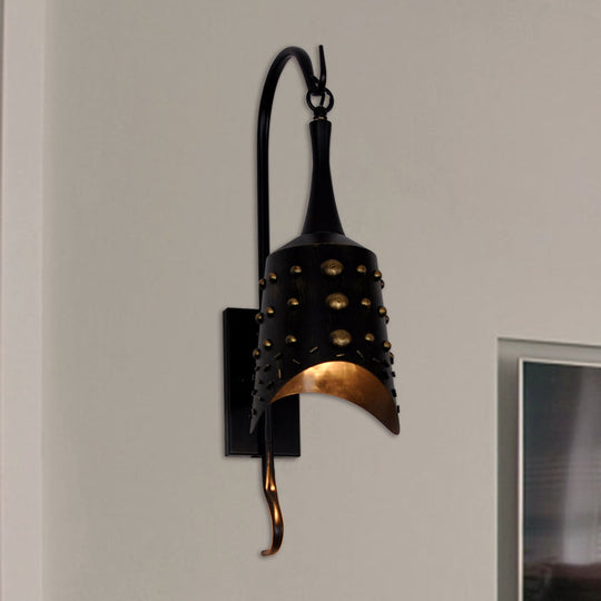 Antique Style Metal Sconce Light In Black For Hallway - Chimes One-Bulb Wall Lamp