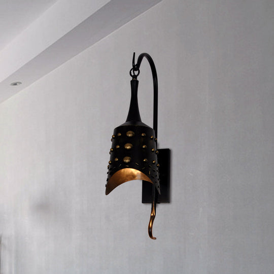 Antique Style Metal Sconce Light In Black For Hallway - Chimes One-Bulb Wall Lamp