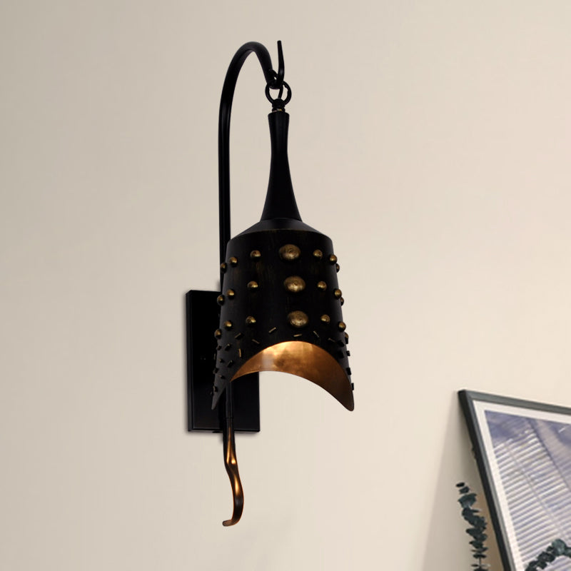 Antique Style Metal Sconce Light In Black For Hallway - Chimes One-Bulb Wall Lamp