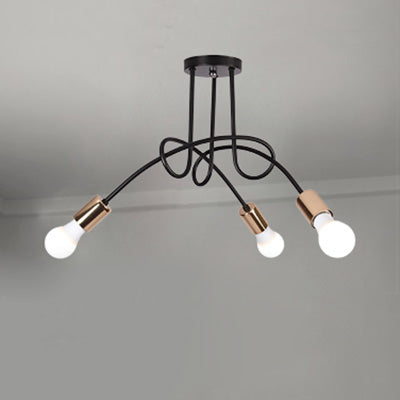 Industrial Twisted Metallic Semi-Flush Ceiling Light With Bare Bulb - Black 3/5 Lights For Hallway