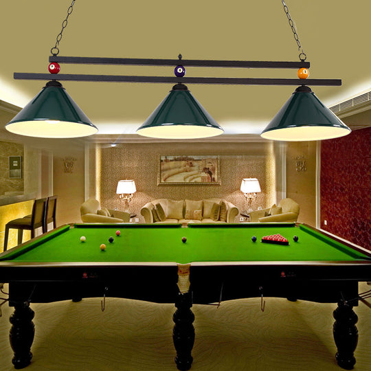 3-Head Conical Metallic Billiard Light - Indoor Island Lighting Fixture In Black/Red/Blue Green / C